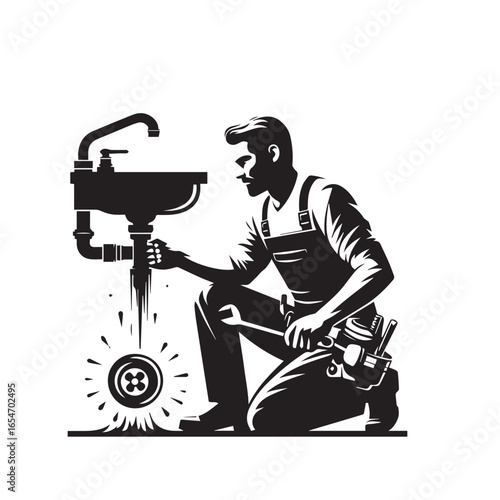 Plumber Fixing Sink Drain Silhouette – Vector Illustration

Expert Worker Repairing Bathroom Pipe – Black and White Silhouette

Plumbing Service Concept – Plumber Silhouette Vector Set