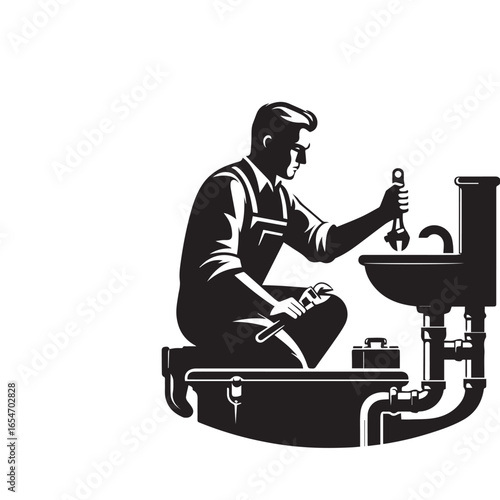 Plumber Fixing Sink Drain Silhouette – Vector Illustration

Expert Worker Repairing Bathroom Pipe – Black and White Silhouette

Plumbing Service Concept – Plumber Silhouette Vector Set