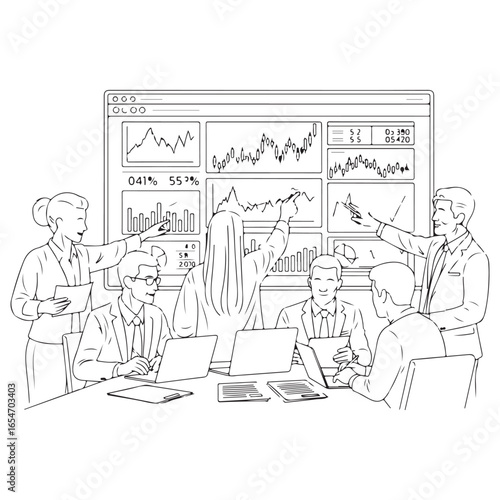Business meeting with financial analysts looking at stock market data illustration
