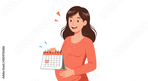 Cheerful pregnant woman holding a calendar with a delivery date marked, ideal for maternity resources, baby shower invitations, and pregnancy blogs 