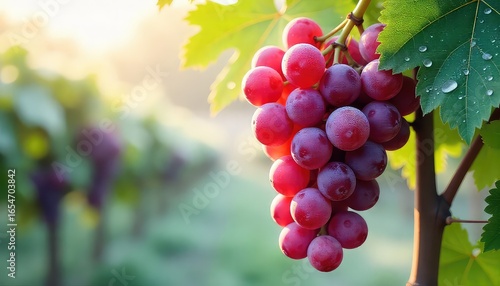 Close up of a bunch of red grapes hanging from a vine with green leaves in a vineyard setting