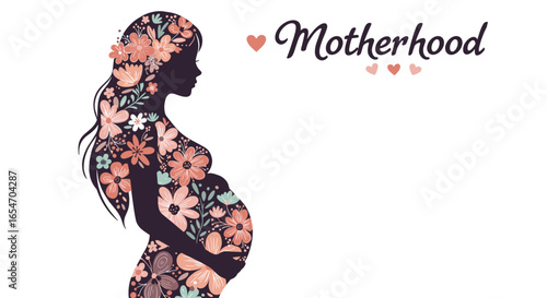 Artistic silhouette of a pregnant woman adorned with flowers, celebrating motherhood, ideal for maternity resources, baby announcements, and women's health campaigns