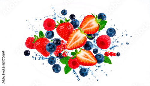 explosión dinámica de frutos rojos frescos (fresas, frambuesas, arándanos, grosellas) suspendidos en el aire, capturados en el momento exacto de la explosión. PNG
