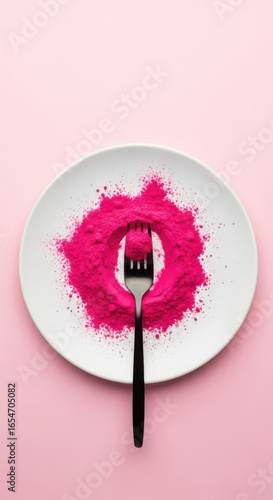 A black fork piercing a pile of vibrant pink powder on a white plate isolated on transparent background
