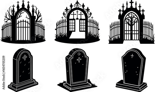 Spooky Cemetery Gates and Tombstones Black Silhouettes for Halloween