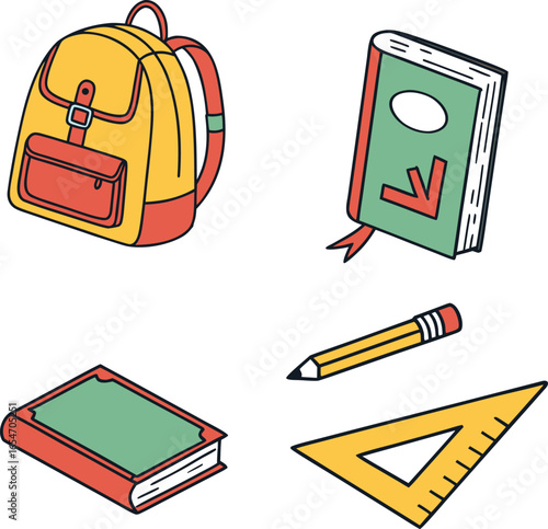 A vibrant collection of hand-drawn school supplies featuring a backpack, books, pencil, and ruler for educational concepts