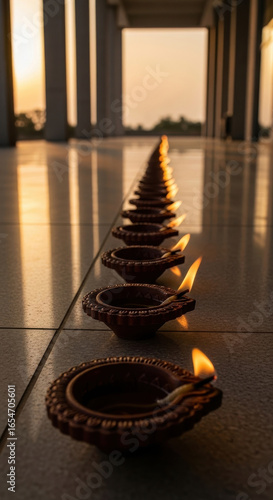 Row of lit clay diyas or oil lamps casting a warm glow in a long corridor at sunset isolated on transparent background