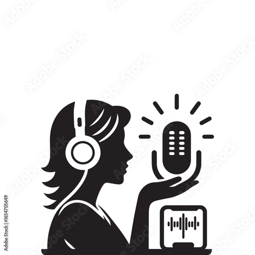 Woman Listening to Podcast Silhouette – Vector Illustration

Female with Headphones Online – Black and White Silhouette

Podcast Listener Concept – Woman Silhouette Vector Set