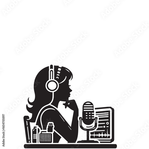 Woman Listening to Podcast Silhouette – Vector Illustration

Female with Headphones Online – Black and White Silhouette

Podcast Listener Concept – Woman Silhouette Vector Set