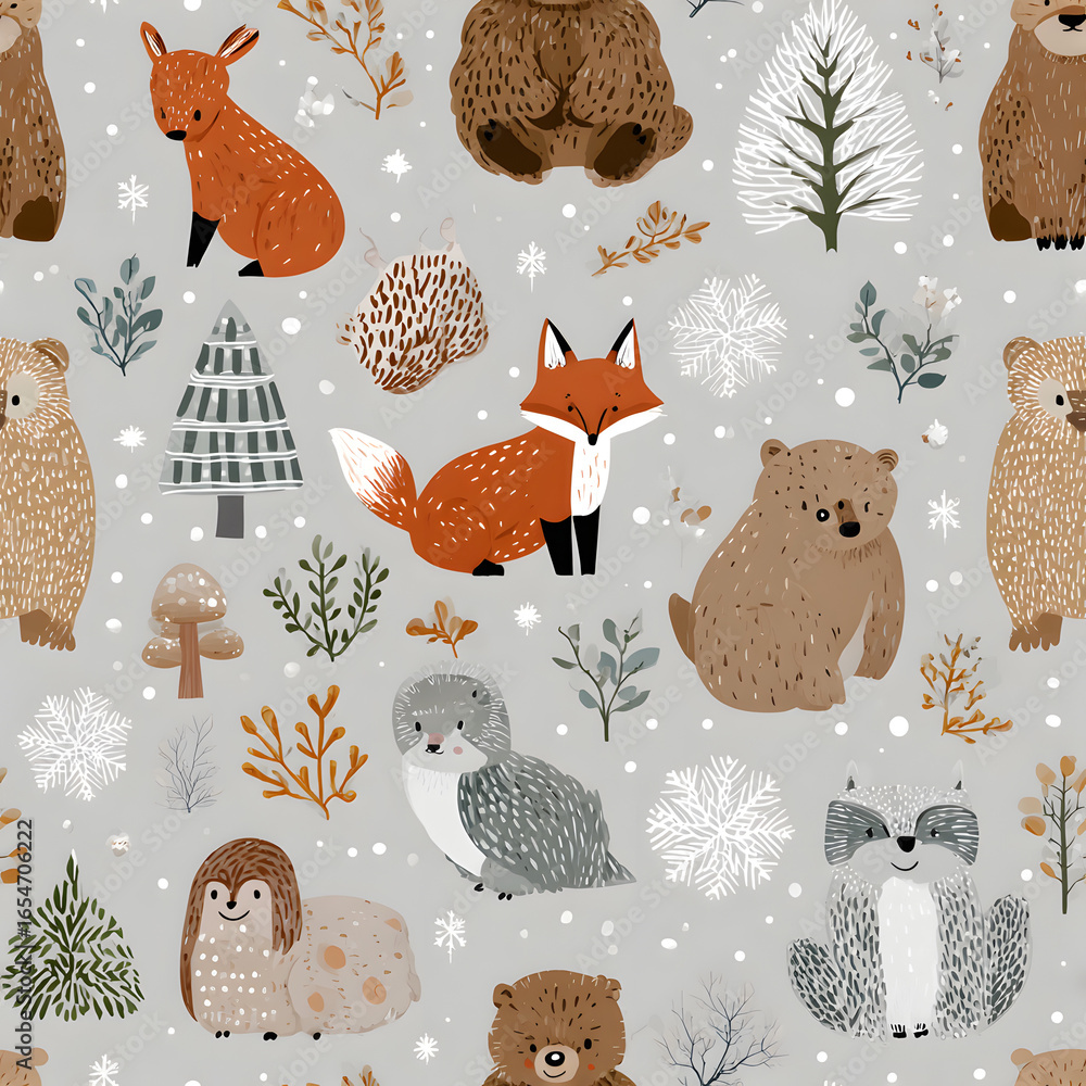 Seamless vector pattern with cute woodland animals, woods and snowflakes on light grey background. Scandinavian Christmas illustration. Seamless vector pattern with cute woodland animals, woods and snowflakes on light grey background. Scandinavian Christmas illustration.