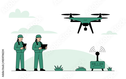 Drone Operation and Monitoring: Workers Controlling a Drone with Tablet and Receiving Signals at a Base Station Under the Sky