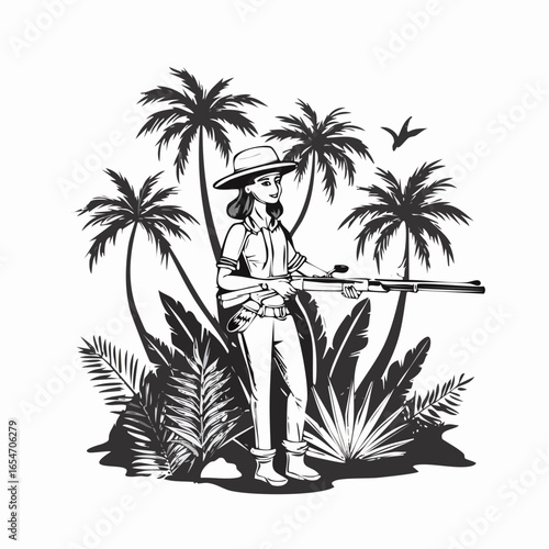 Brave Hunter Holding a Rifle While Stalking in the Jungle Vector