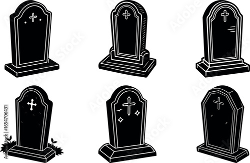 Collection of Gravestones in Black and White for Halloween or Memorial Designs