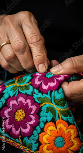 Close up of skilled hands with a ring meticulously embroidering a colorful floral pattern on fabric isolated on transparent background