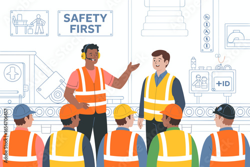 Factory Workers Attending a Safety Briefing with Supervisor in a Manufacturing Plant Environment: Promoting Safety First and Adherence to Regulations
