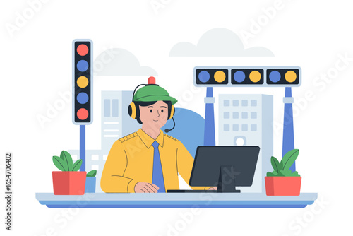 Airport Ground Traffic Controller Working at Computer Station with Runway Visual Aids, Ensuring Airfield Safety and Efficient Aviation Operations