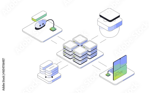 Isometric Illustration of Connected Devices, Network Servers, and Cloud Computing for Data Management and Digital Transformation in a Modern Technology Landscape