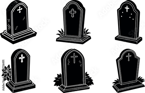 Collection of Tombstones with Crosses in Black and White Vector Illustration