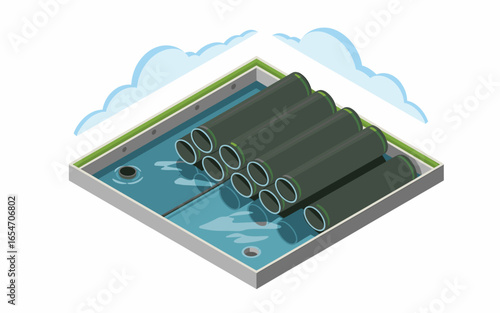 Isometric Illustration of a Wastewater Treatment Plant with Pipes, Water, and Clouds - Sustainable Infrastructure and Water Management Design