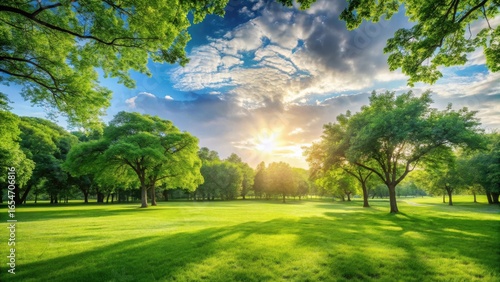 Serene Sunset Illuminating Lush Green Meadow Park Landscape with Full Sunlight and Vibrant Foliage