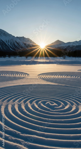 Winter sunrise over frozen lake with concentric ice ripples and snow covered mountains isolated on transparent background
