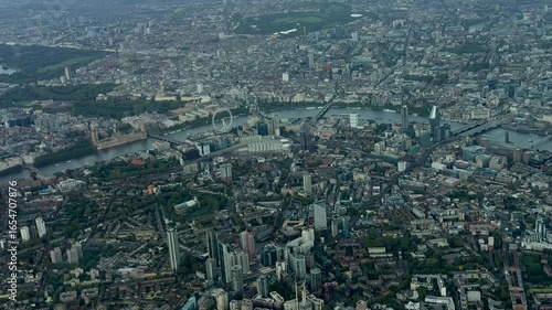 An aerial video of downtown London England on a summer morning.