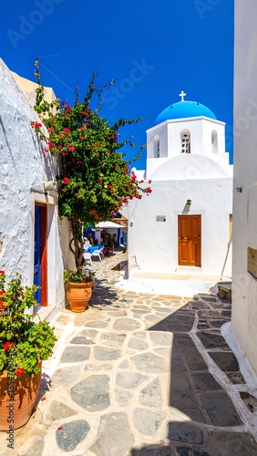 Fototapeta Naklejka Na Ścianę i Meble -  Whitewashed streets, blue dome