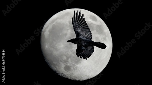 Raven flying near moon silhouette