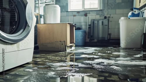 Dynamic flooded laundromat with soapy water reflection