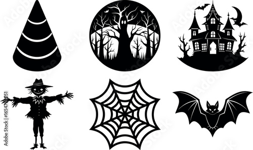 Halloween Silhouette Vector Set with Spooky Tree Haunted House and Spiderweb