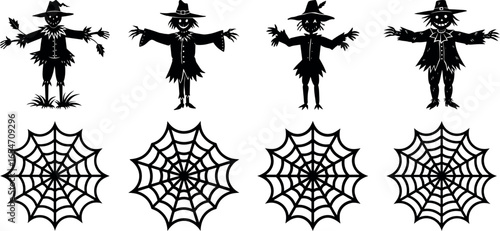 Halloween Scarecrows and Spiderwebs Silhouettes for Festive Holiday Decorations