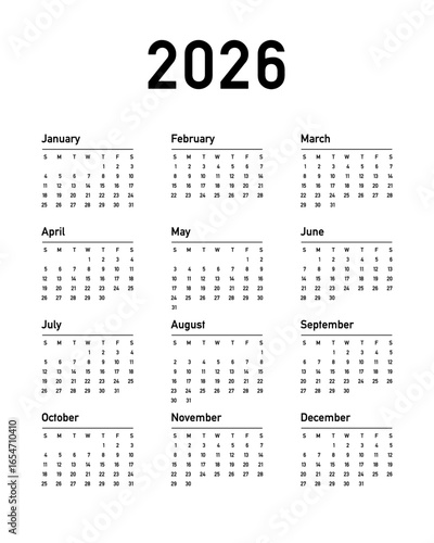  Calendar 2026 week start Sunday, english or american. corporate design planner template. desk or wall calendar 2026, print media, Business template