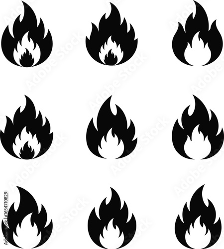 Flame Icon Set Black Silhouettes Vector