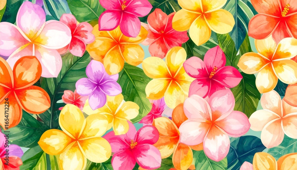 Obraz premium Vibrant tropical flowers and leaves create a lush, colorful design.