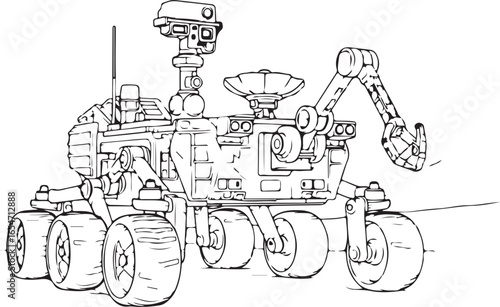 Coloring page illustration of a Mars rover exploring the surface of the planet