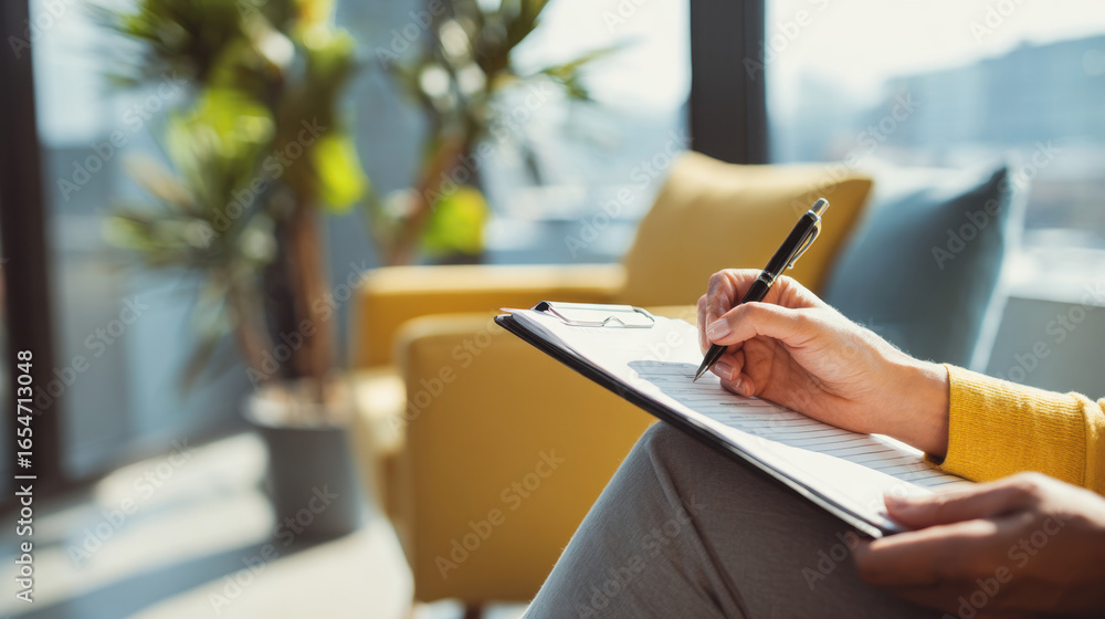Naklejka premium Person filling out therapy intake form with pen on clipboard in bright waiting room
