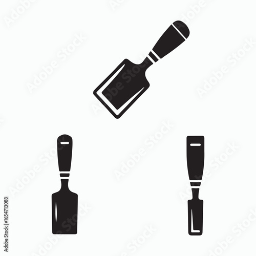 Three black silhouette illustrations of woodworking chisels
