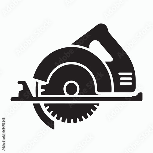 Black and white silhouette of a circular saw cutting wood