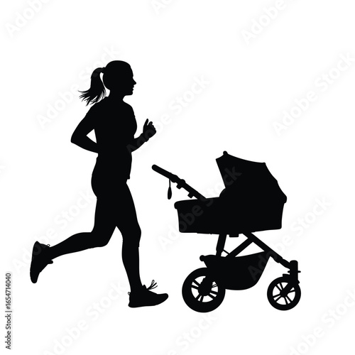Silhouette of a woman running with a baby stroller isolated on white background, promoting fitness and an active lifestyle