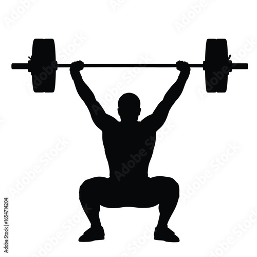 Silhouette of a man weightlifting a barbell isolated on white background, performing a squat exercise for strength and fitness training