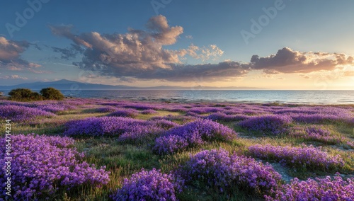 Panoramic view of a field of purple flowers at sunset over a calm ocean
