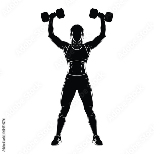 Silhouette of a strong woman lifting dumbbells isolated on white background, engaging in fitness and exercise for a healthy and active lifestyle