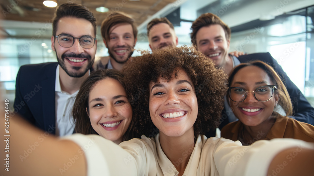 A group of smiling diverse colleagues taking a selfie in a modern office environment together happily A group of smiling diverse colleagues taking a selfie in a modern office environment together happily