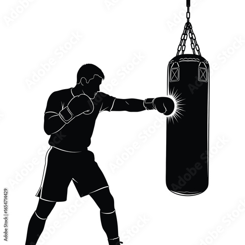 Silhouette of a boxer punching a boxing bag isolated on white background for sport, training, fitness, and combat exercise