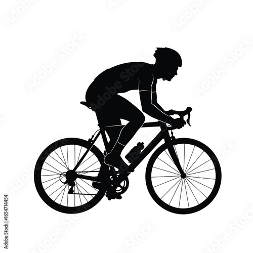 Silhouette of a cyclist riding a bicycle isolated on white background for sport, athlete, race, and road cycling activity