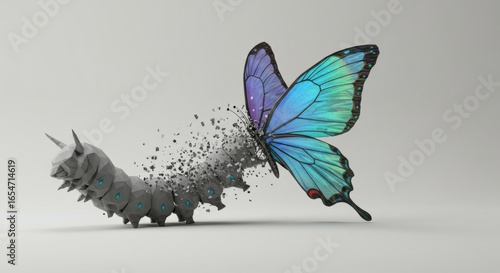 Caterpillar transforming into a vibrant butterfly, concept of change and metamorphosis