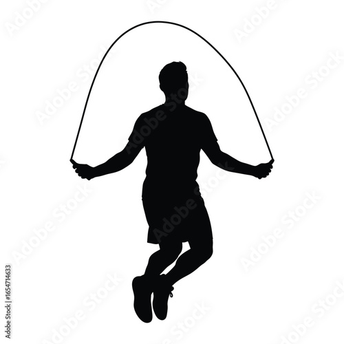 Silhouette of a man jumping rope as a fitness exercise isolated on white background