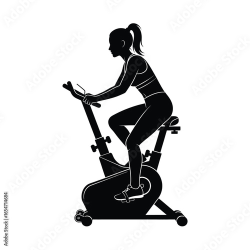 Silhouette of a woman exercising on a stationary bike, isolated on white background perfect for fitness and health themes