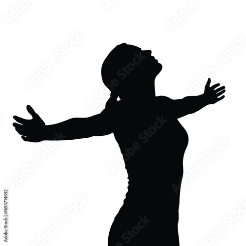 Silhouette of a woman with arms open isolated on white background for freedom and lifestyle concept with graphic design element