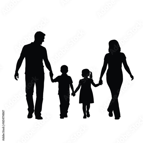 Silhouette of a family walking together holding hands isolated on white background for love, care, and togetherness concept